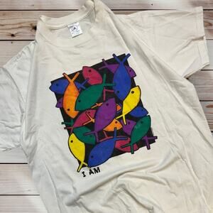 Vintage Delta “I Am” Colorful Fish Graphic Tee White T-Shirt Large 90s Vibe V09